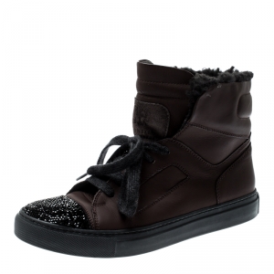 Brunello Cucinelli Brown Leather And Glitter Cap Toe Fur Lined High Top Sneakers Size 37
