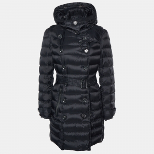 Burberry Brit Black Quilted Synthetic Longline Belted Puffer Coat L
