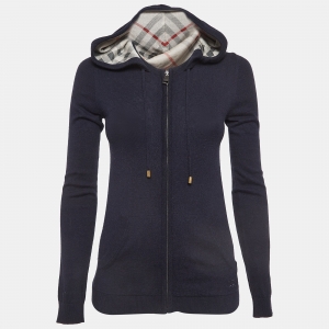 Burberry Brit Navy Blue Cashmere and Cotton Knit Hooded Jacket XS
