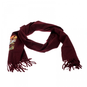  Burberry Burgundy Cashmere Logo Crest-Embroidered Scarf