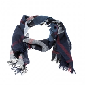 Burberry Navy Blue Lightweight Check Wool Cashmere Scarf