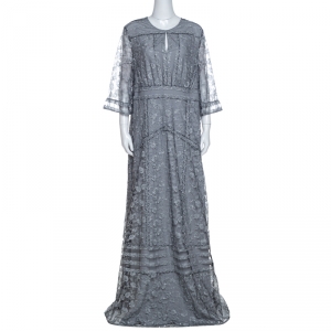 Pre Owned Burberry Silver Floral Lace Tulle Paneled Maxi Dress L
