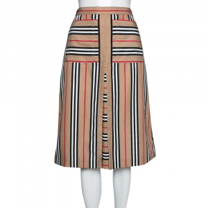 Pre Owned Burberry Beige Icon Striped Pleat Detailed Skirt S