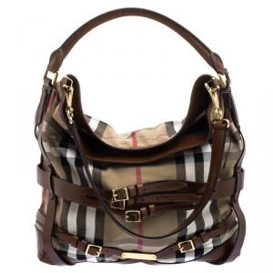 Pre Owned Burberry Brown House Check Canvas Medium Bridle Gosford Hobo