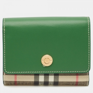 Burberry Green/Beige Housecheck Coated Canvas and Leather Lancaster Compact Wallet