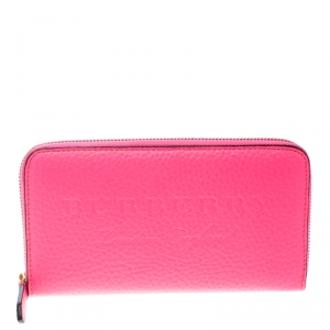 Pre Owned Burberry Neon Pink Leather Zip Around Wallet