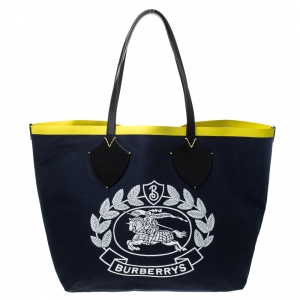 Pre Owned Burberry Navy Blue/Yellow Archive Logo Canvas And Leather Giant Tote