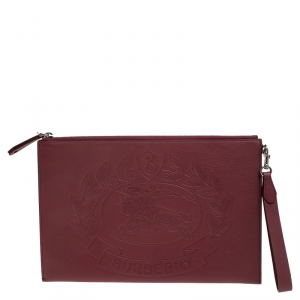 Pre Owned Burberry Maroon Leather Document Wristlet Pouch