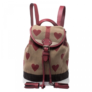 Burberry Red/Beige Heart Check Canvas and Leather Drawstring Backpack