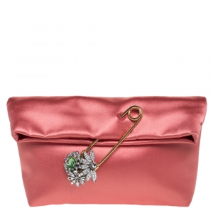 مملوكة مسبقًا Burberry Coral Orange Satin Crystal Embellished Pin Clutch