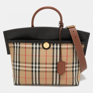 Burberry Brown Vintage Check Canvas and Leather Society Top Handle Bag