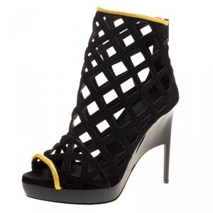 Pre Owned Burberry Prorsum Black Suede and Gold Edenside Cage Wedge Ankle Boots Size 37.5