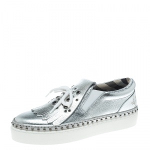 Pre Owned Burberry Metallic Silver Kiltie Fringe Detail Slip On Sneakers Size 39
