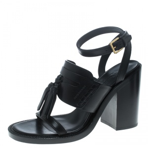 Pre Owned Burberry Black Leather Bethany Tassel Detail Block Heel Sandals Size 39