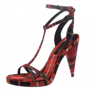 Burberry Red Checkered Wool Hans T Strap Sandals Size 40
