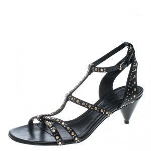 Burberry Black Leather Studded Hansel Cone Heel T Strap Sandals Size 38