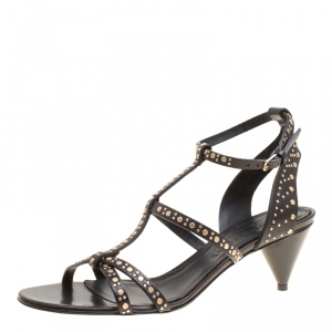 Burberry Black Leather Studded Hansel Cone Heel T Strap Sandals Size 39