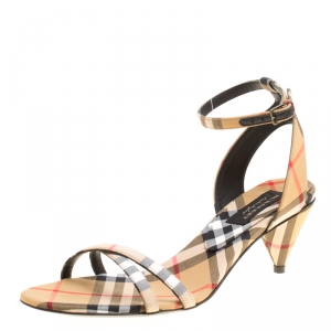 Burberry Beige Novacheck Fabric Hansel Cross Strap Cone Heel Open Toe Sandals Size 36