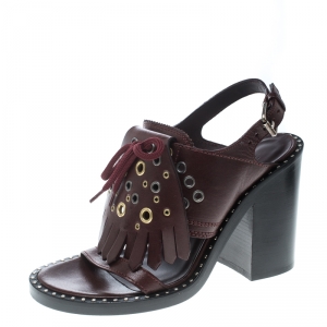 Burberry Burgundy Leather Beverley Eyelet Fringe Detail Block Heel Sandals Size 40
