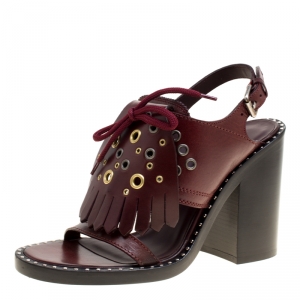 Burberry Burgundy Leather Beverley Eyelet Fringe Detail Block Heel Sandals Size 38