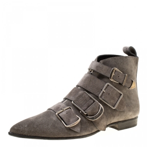 Pre Owned Burberry Grey Suede Milner Buckle Detail Pointed Toe Ankle Boots Size 40