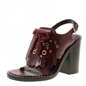 Burberry Burgundy Leather Beverley Eyelet Fringe Detail Block Heel Sandals Size 37
