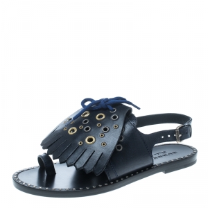 Burberry Navy Blue Leather Kiltie Fringe Eyelet Detail Flat Sandals Size 39
