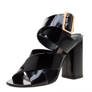 Pre Owned Burberry Black Leather Blaine Trench Buckle Cross Strap Block Heel Sandals Size 36.5