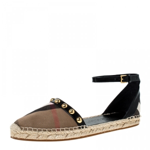 Pre Owned Burberry Black Leather And Nova Check Canvas Abbingdon Studded Espadrille Flats Sandal Size 39