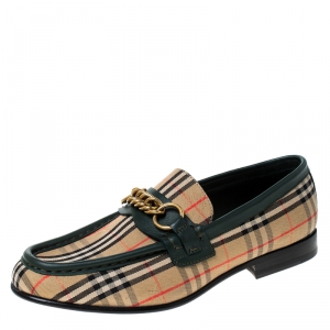 Burberry Green Leather And Beige Check Canvas Moorley Loafers Size 36.5
