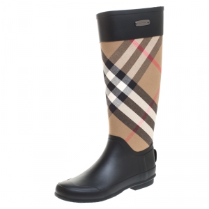 مملوكة مسبقًا Burberry Black/Beige House Check Fabric And Rubber Clemence Rain Boots Size 36