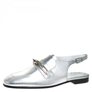 Burberry Silver Leather Cheltown Slingback Flat Sandals Size 40