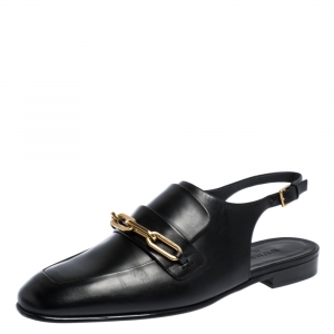 Pre Owned Burberry Black Leather ChelTown Chain Detail Slingback Loafer Sandals Size 37