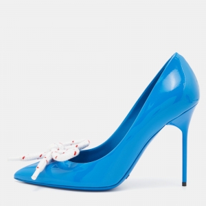 Burberry Blue Patent Leather Finsbury Bow Pointed Toe Pumps Size 37