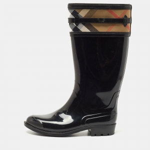 Burberry Black Leather and House Check Canvas  Crosshill Rain Boots Size 39