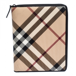 Pre Owned Burberry Beige/Black Nova Check PVC and Patent Leather Zip-Around Ipad Case