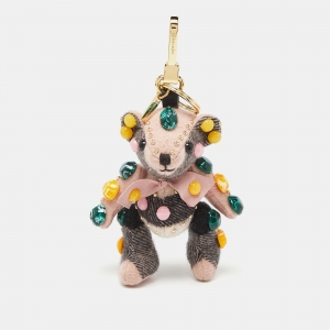 Pre Owned Burberry Pink/Grey Cashmere and Leather Thomas Bear Bag Charm