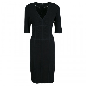 Pre Owned Burberry Black Tricot Mesh Knit Short Sleeve V-Neck Dress M