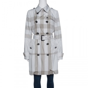 Burberry Grey Checked Short Belted Double Breasted Trench Coat M