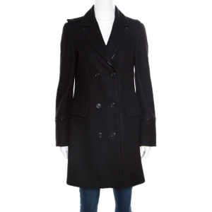 مملوكة مسبقًا معطف بربري لندن صوف أسود وكشمير حواف جلد بصفين أزرار S