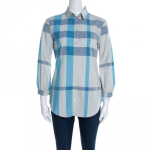 Pre Owned Burberry Brit Grey and Blue Checked Cotton Blouson Sleeve Shirt XS