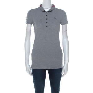 Pre Owned Burberry Brit Grey Honeycomb Knit Novacheck Collar Detail Polo T-Shirt XS