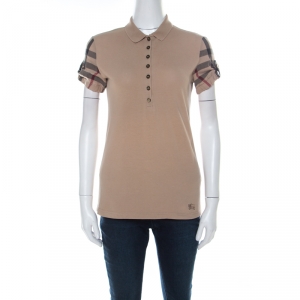 مملوكة مسبقًا Burberry Beige Cotton Pique Knit Novacheck Sleeve Polo T-Shirt S