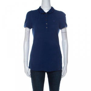 Pre Owned Burberry Brit Blue Honeycomb Knit Novacheck Collar Detail Polo T-Shirt M
