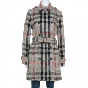 مملوكة مسبقًا معطف بربري بريت صوف تويد تريكو بيج كاروهات M