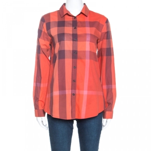 Pre Owned Burberry Brit Orange Checked Cotton Button Front Shirt S