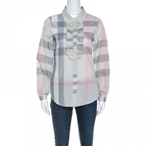 Pre Owned Burberry Pale Grey Plaid Checked Cotton Ruffle Detail Shirt S