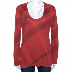 Pre Owned Burberry Brit Red Checked Merino Wool & Cashmere Sweater XL
