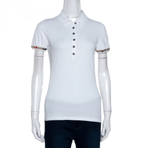 مملوكة مسبقًا تي شيرت بولو بربري بريت أكمام منفوخة بيك قطن أبيض S