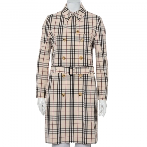 Pre Owned Burberry Beige Nova Check Cotton Belted Double Breasted Coat S